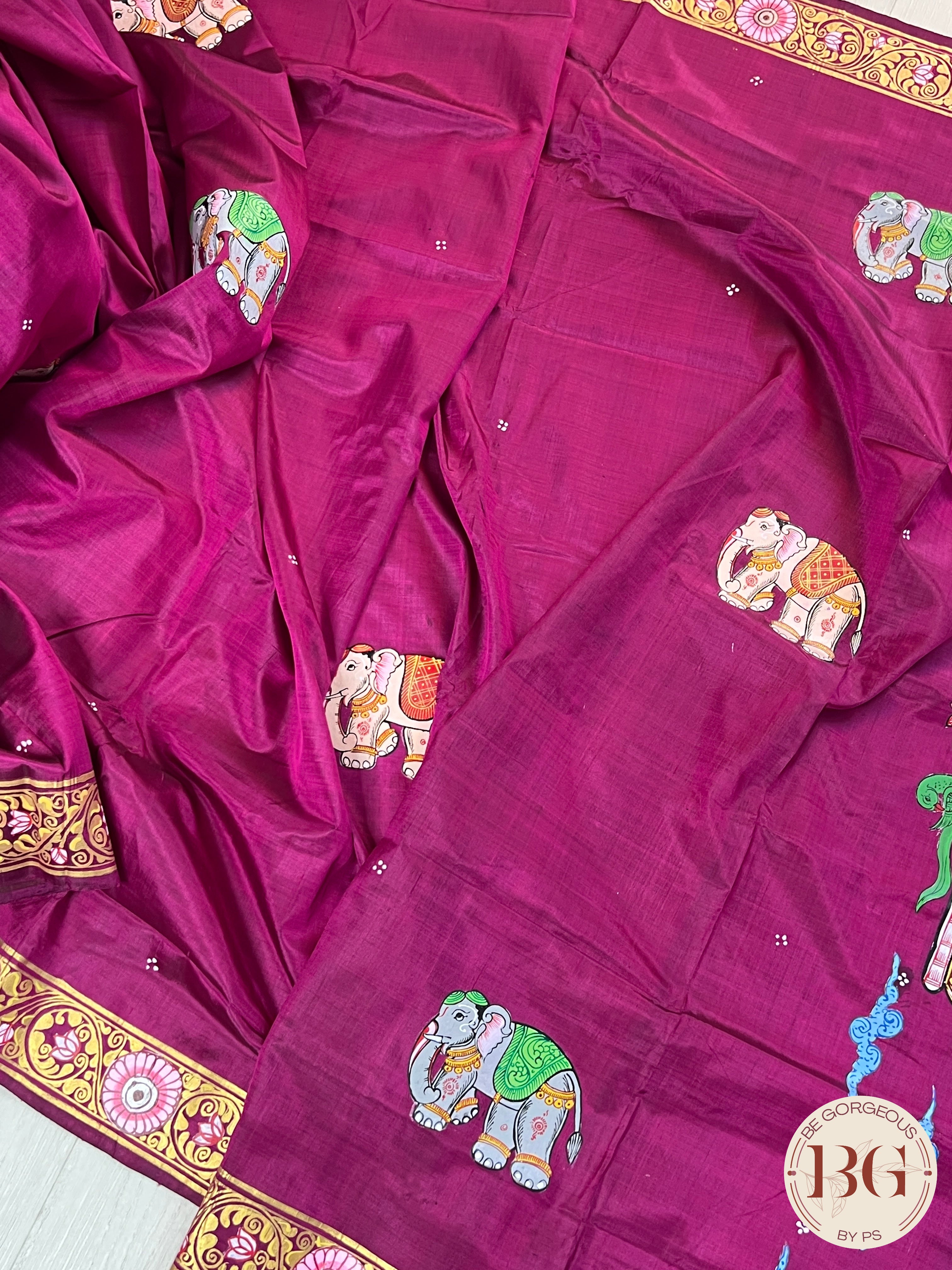 Pattachitra hand painted mulberry silk saree with ganesha - pink/purple