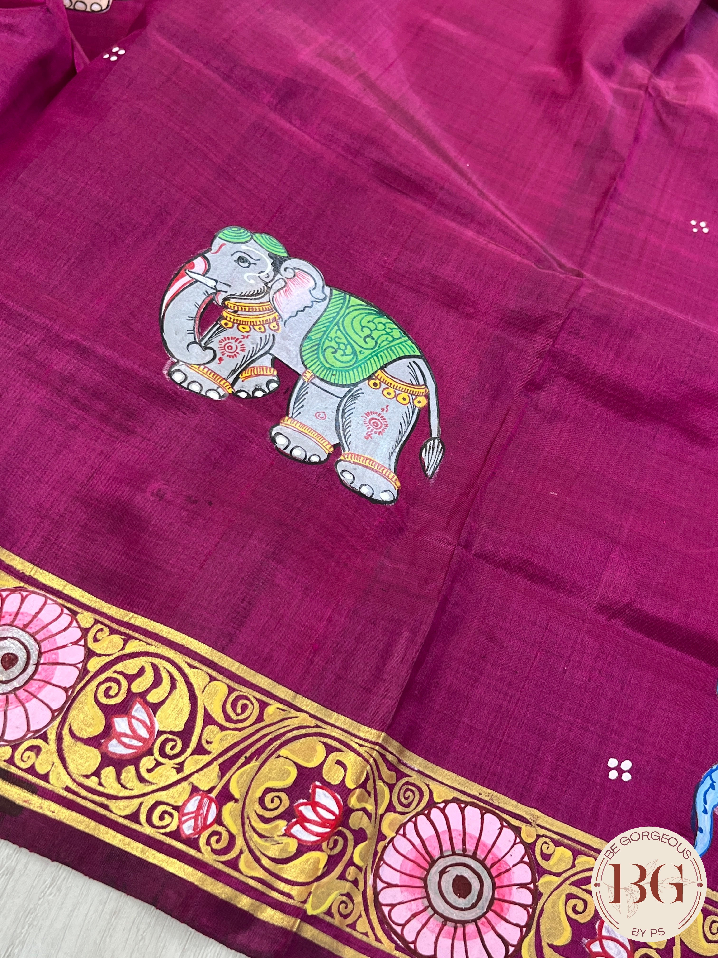 Pattachitra hand painted mulberry silk saree with ganesha - pink/purple