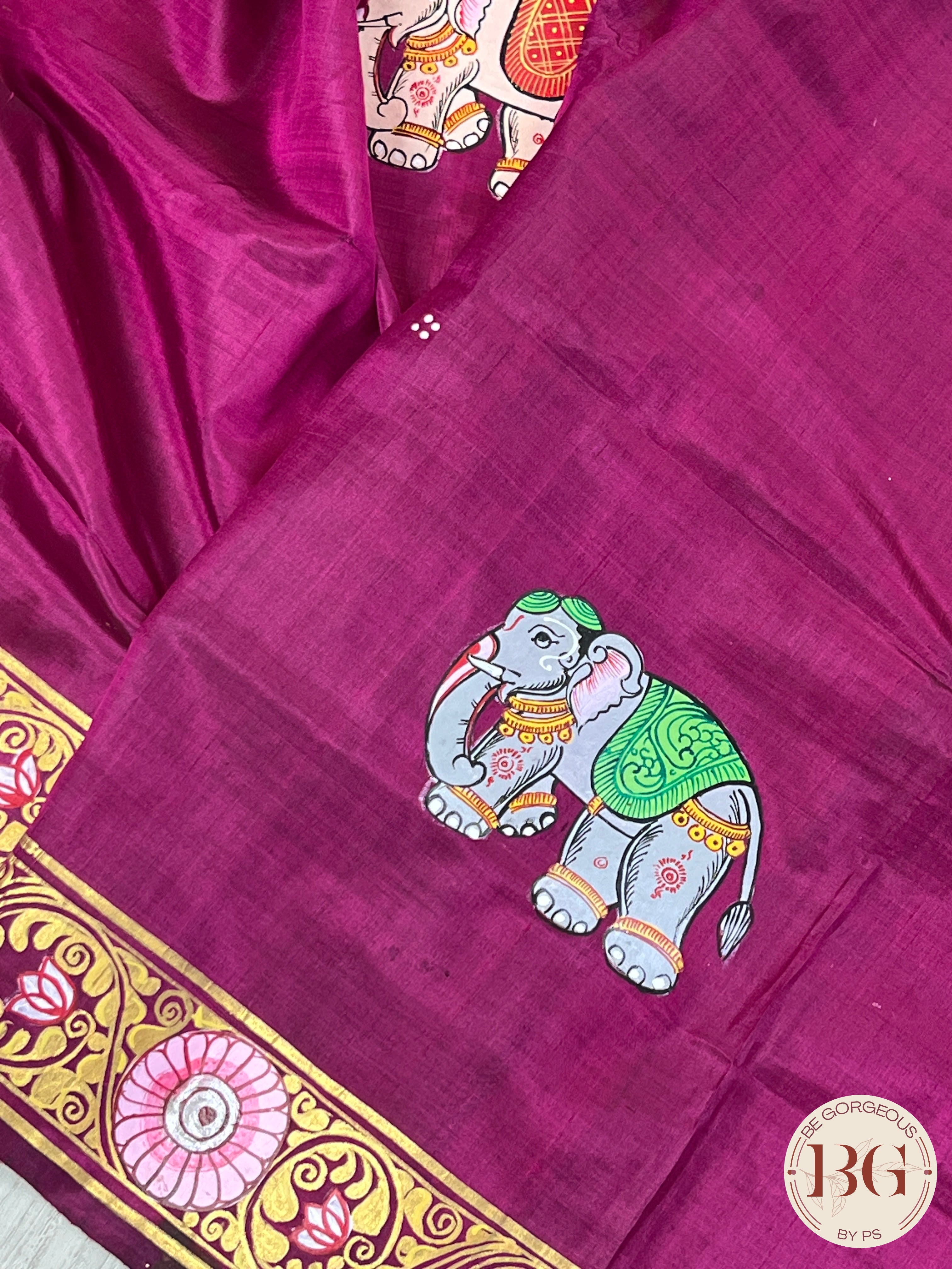 Pattachitra hand painted mulberry silk saree with ganesha - pink/purple