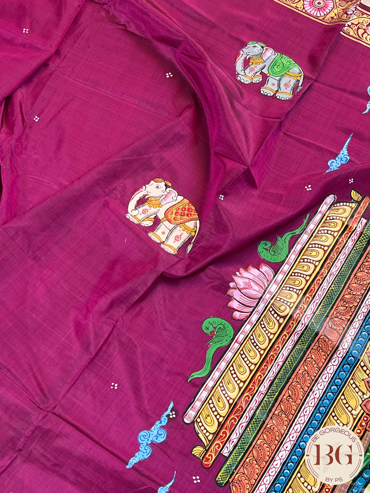 Pattachitra hand painted mulberry silk saree with ganesha - pink/purple