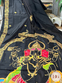 Pattachitra hand painted mulberry silk saree with ganesha - black