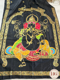 Pattachitra hand painted mulberry silk saree with ganesha - black