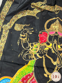 Pattachitra hand painted mulberry silk saree with ganesha - black