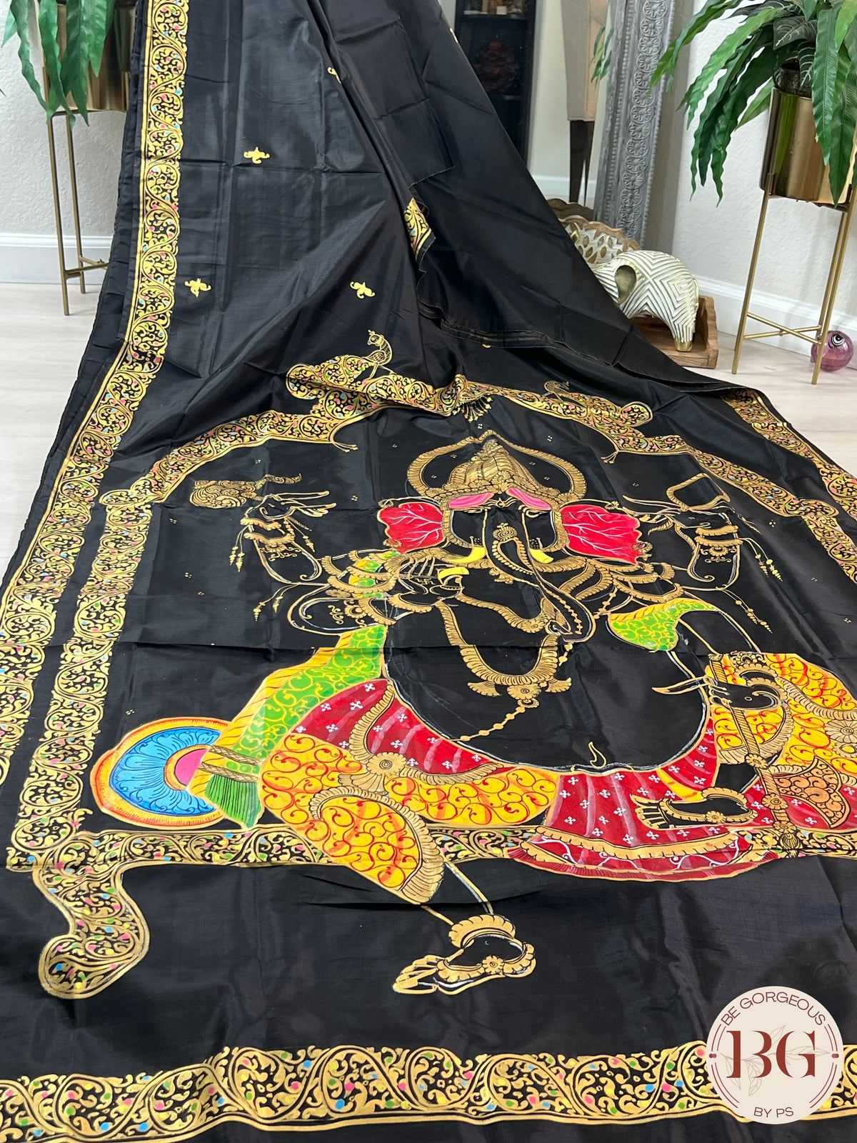 Pattachitra hand painted mulberry silk saree with ganesha - black