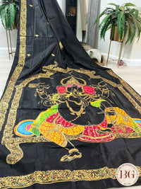 Pattachitra hand painted mulberry silk saree with ganesha - black