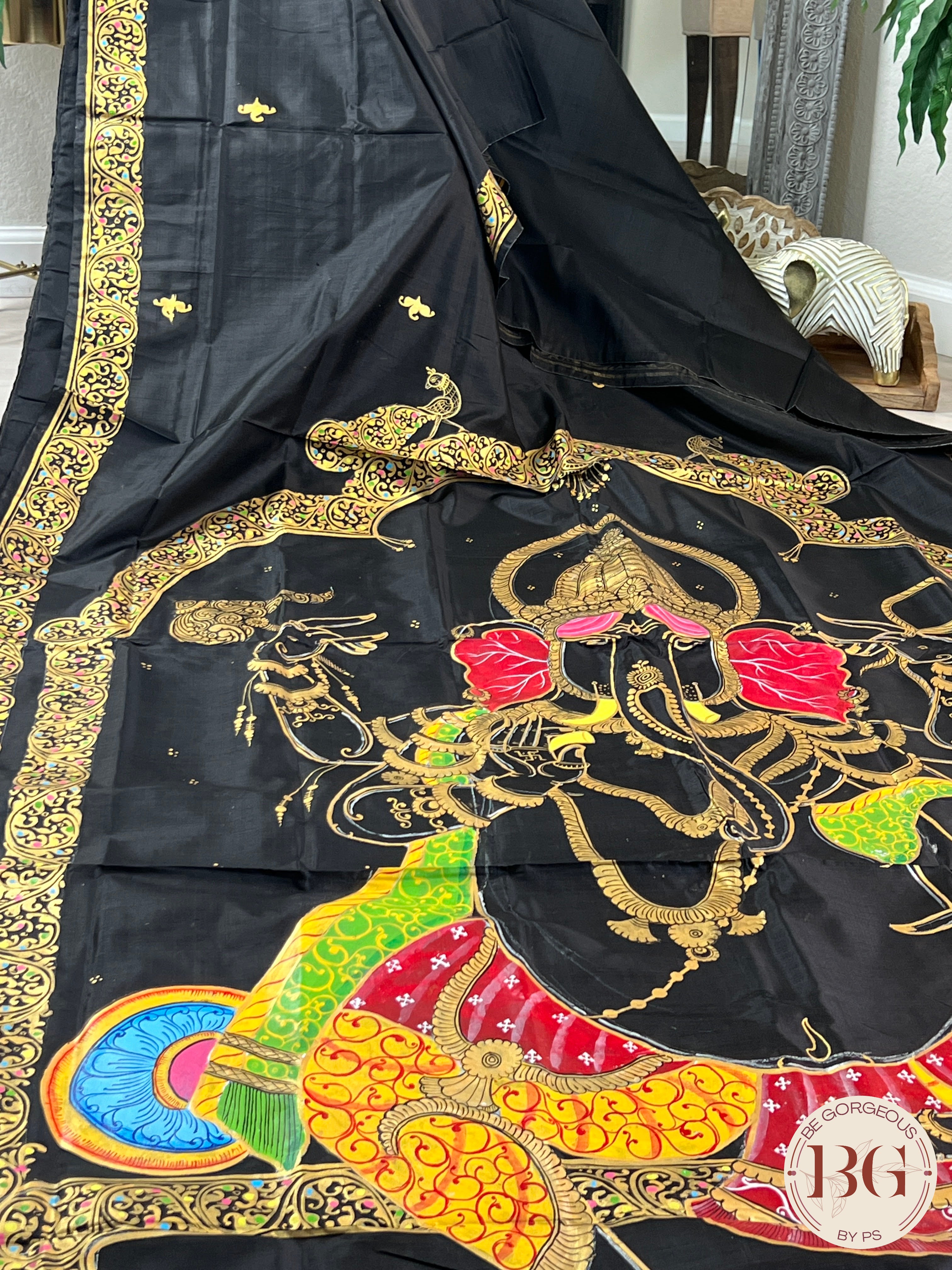 Pattachitra hand painted mulberry silk saree with ganesha - black