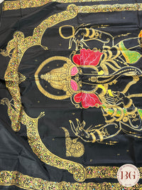 Pattachitra hand painted mulberry silk saree with ganesha - black