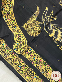 Pattachitra hand painted mulberry silk saree with ganesha - black