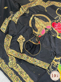 Pattachitra hand painted mulberry silk saree with ganesha - black