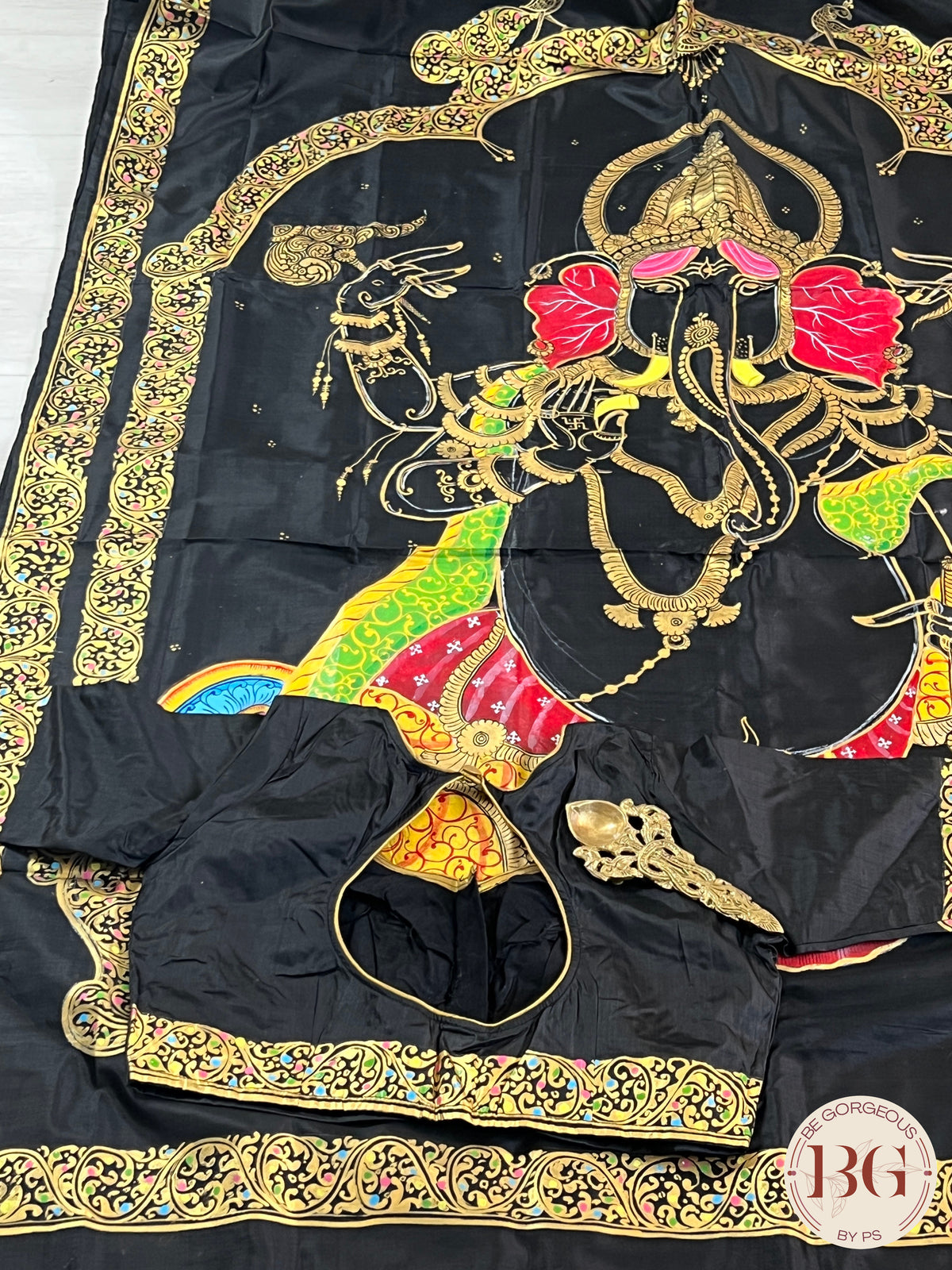 Pattachitra hand painted mulberry silk saree with ganesha - black