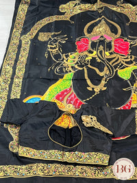 Pattachitra hand painted mulberry silk saree with ganesha - black