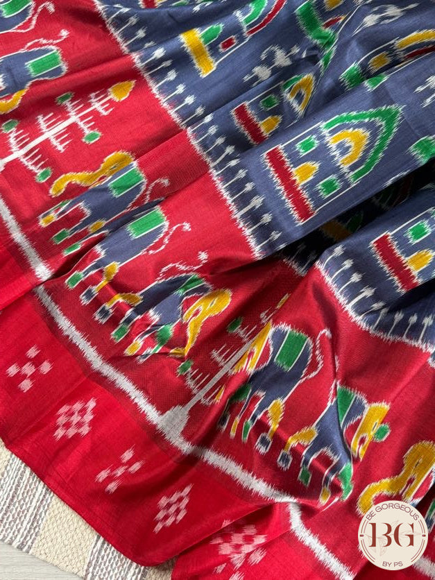 Sambalpuri double ikkat paspalli border, tribal & elephant motifs - Blue