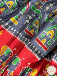 Sambalpuri double ikkat paspalli border, tribal & elephant motifs - Blue