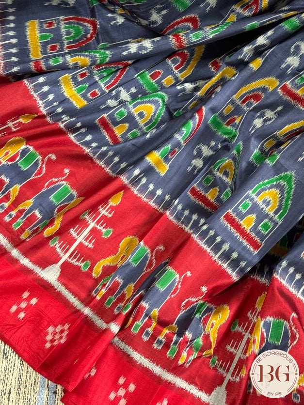 Sambalpuri double ikkat paspalli border, tribal & elephant motifs - Blue