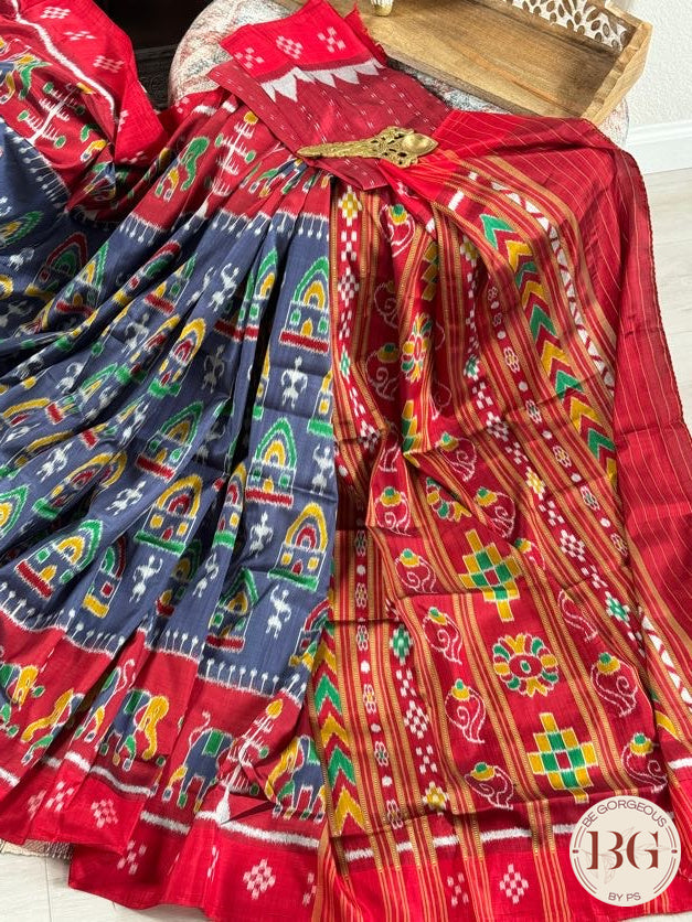 Sambalpuri double ikkat paspalli border, tribal & elephant motifs - Blue