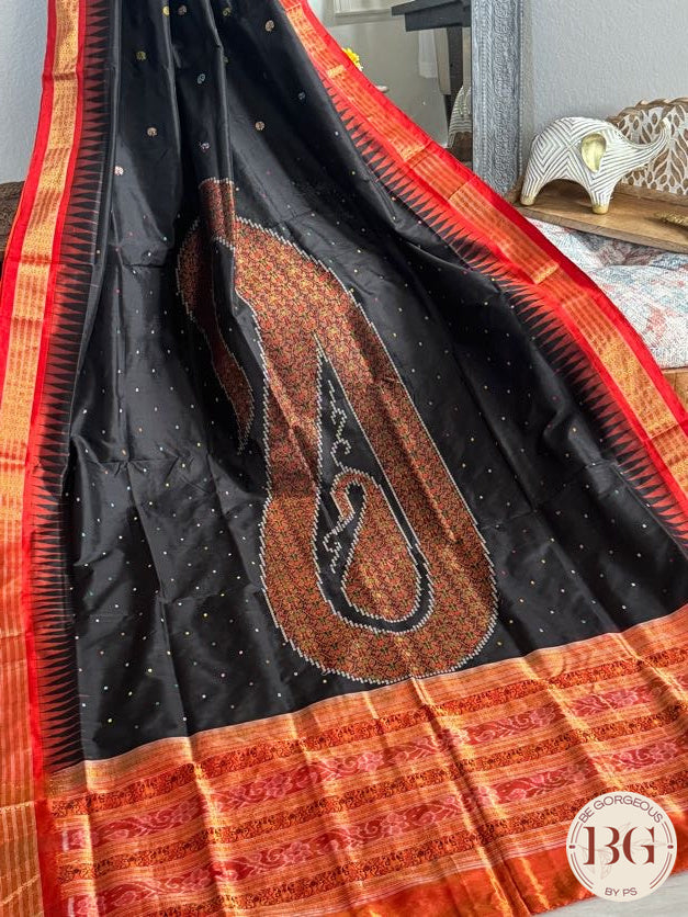 Sambalpuri ambua bomkai half tissue pata pure silk handloom saree - Black