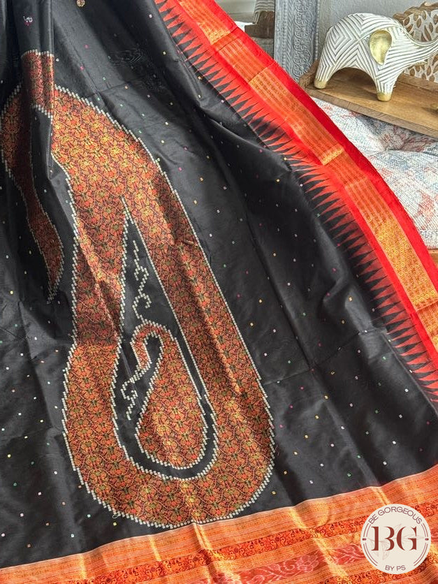 Sambalpuri ambua bomkai half tissue pata pure silk handloom saree - Black