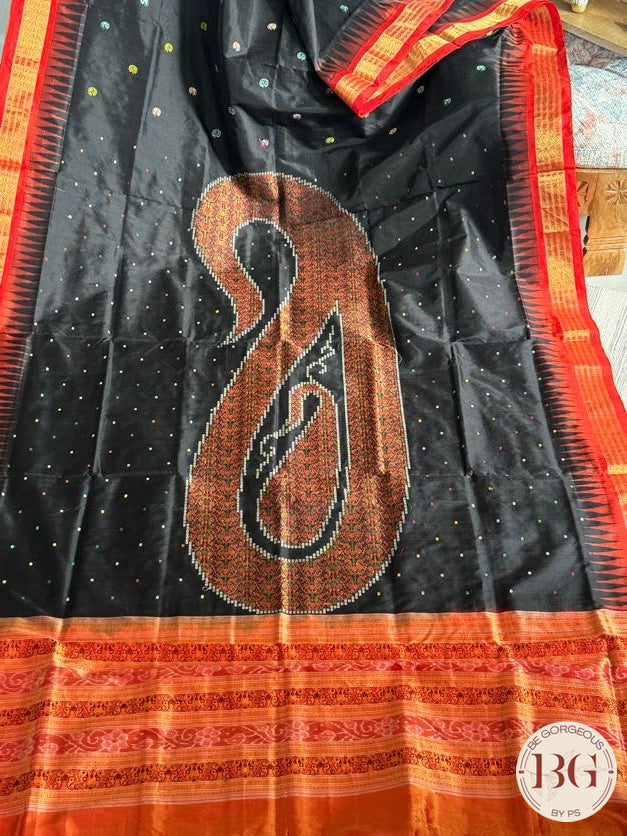 Sambalpuri ambua bomkai half tissue pata pure silk handloom saree - Black