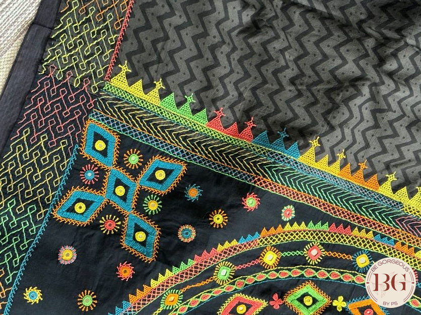 Lambani hand work on printed cotton saree - Black