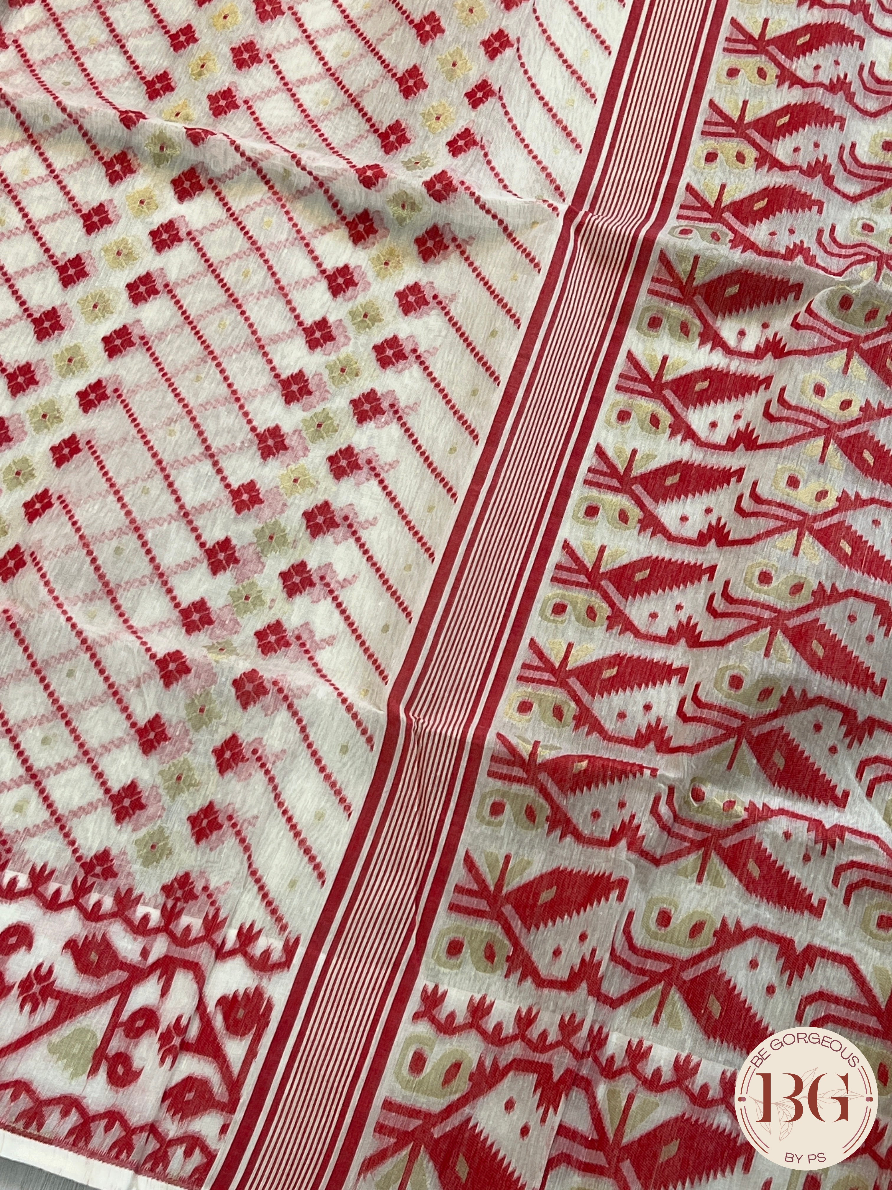 Cotton Jamdani saree color - beige red