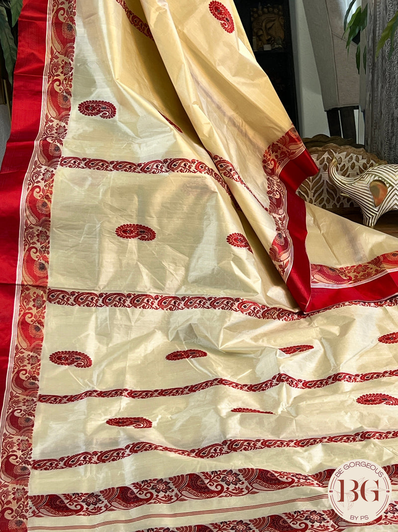 Pure Garad Silk Stripes design saree color - white red