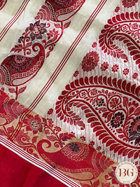 Pure Garad Silk Stripes design saree color - white red