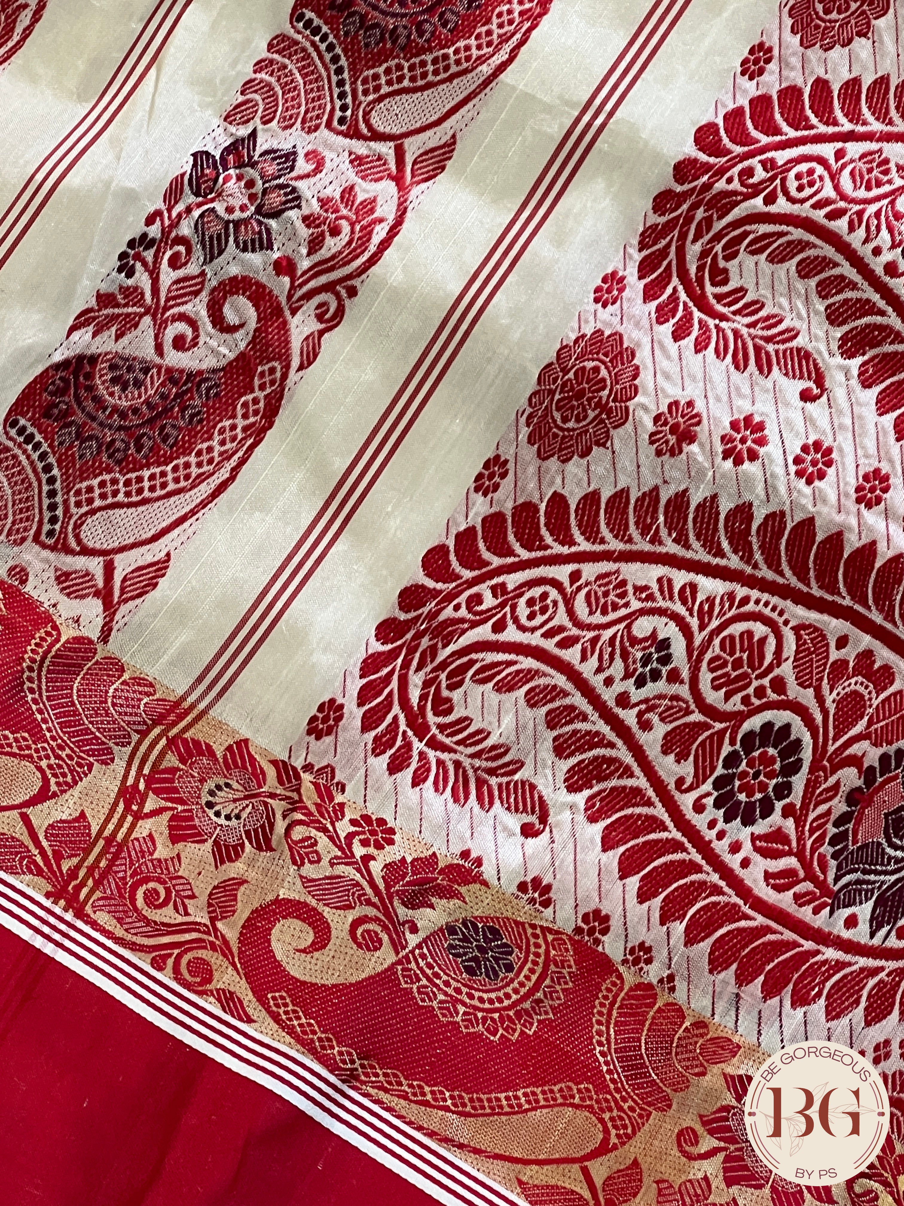 Pure Garad Silk Stripes design saree color - white red