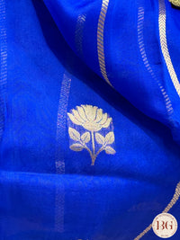 Banarasi Kora Organza with stripes silk mark certified saree with lace - Royal Blue