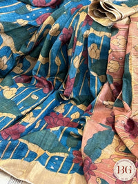 Pen Kalamkari on tussar silk lotus - Blue