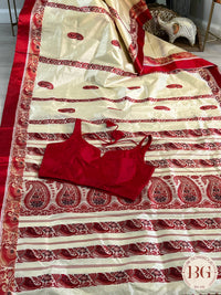 Pure Garad Silk Stripes design saree color - white red