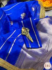 Banarasi Kora Organza with stripes silk mark certified saree with lace - Royal Blue