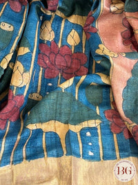 Pen Kalamkari on tussar silk lotus - Blue