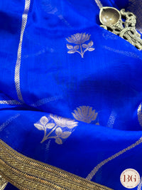 Banarasi Kora Organza with stripes silk mark certified saree with lace - Royal Blue