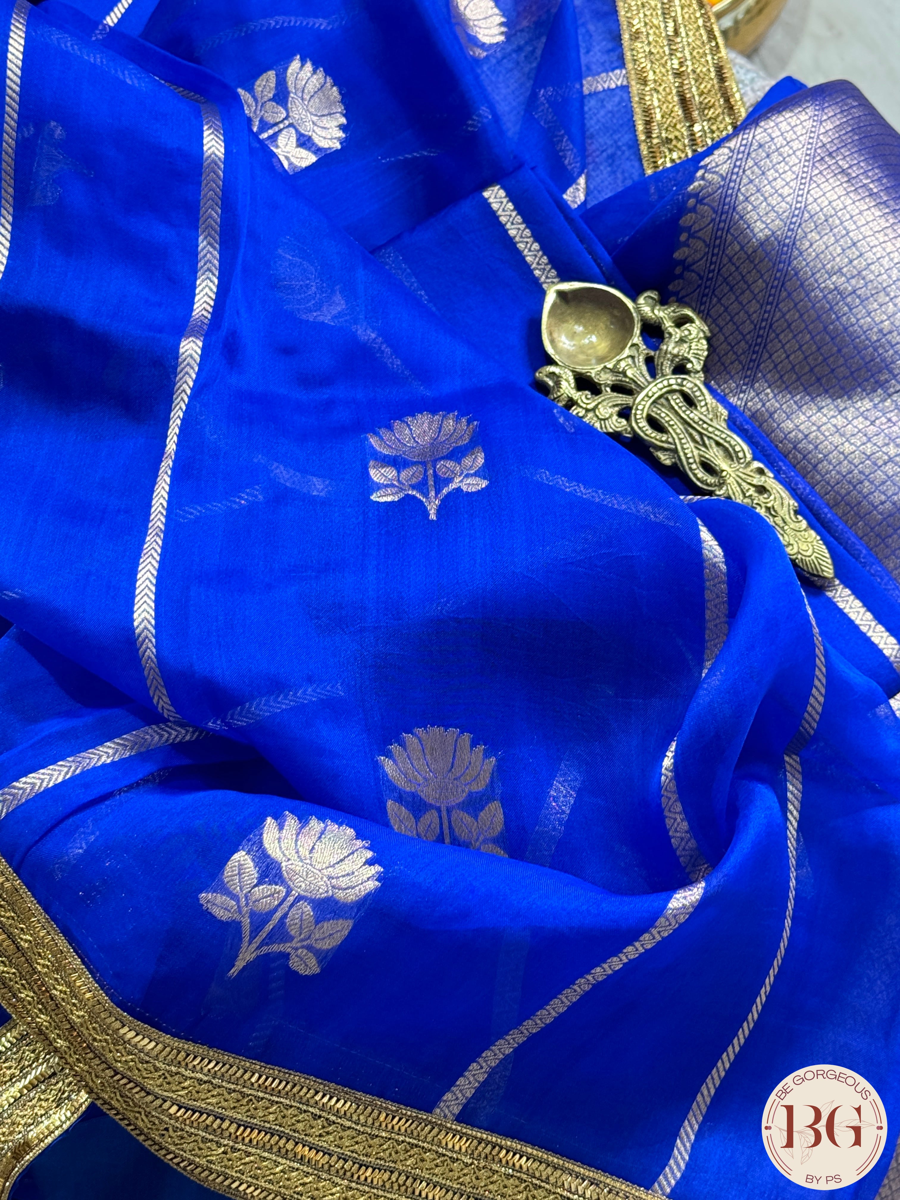 Banarasi Kora Organza with stripes silk mark certified saree with lace - Royal Blue