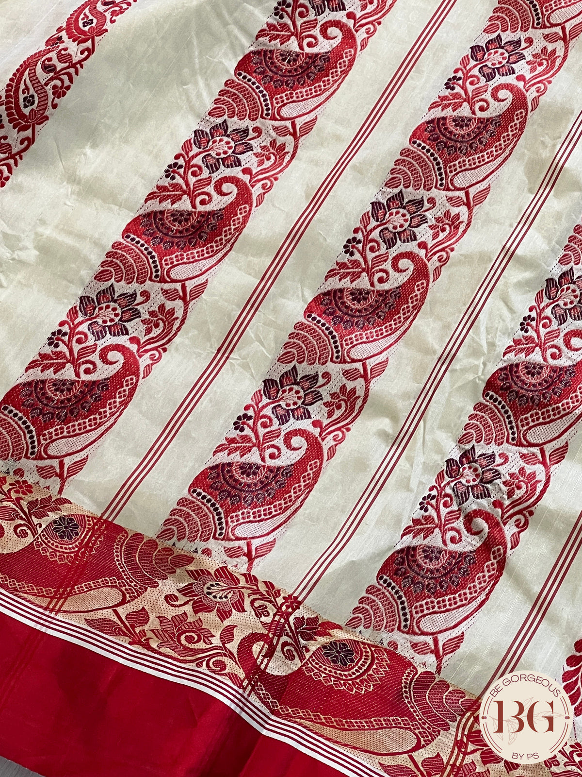 Pure Garad Silk Stripes design saree color - white red