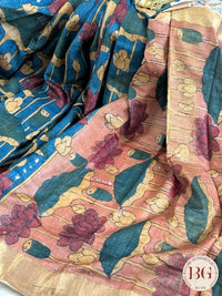 Pen Kalamkari on tussar silk lotus - Blue