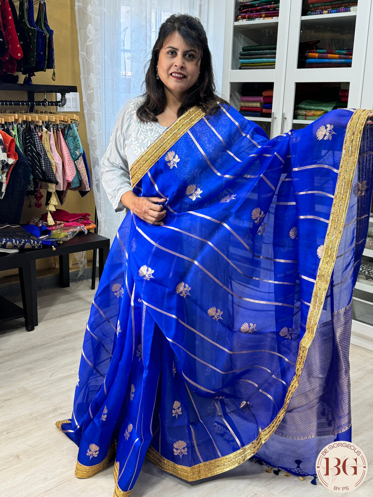 Banarasi Kora Organza with stripes silk mark certified saree with lace - Royal Blue