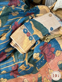 Pen Kalamkari on tussar silk lotus - Blue