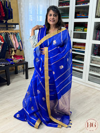 Banarasi Kora Organza with stripes silk mark certified saree with lace - Royal Blue