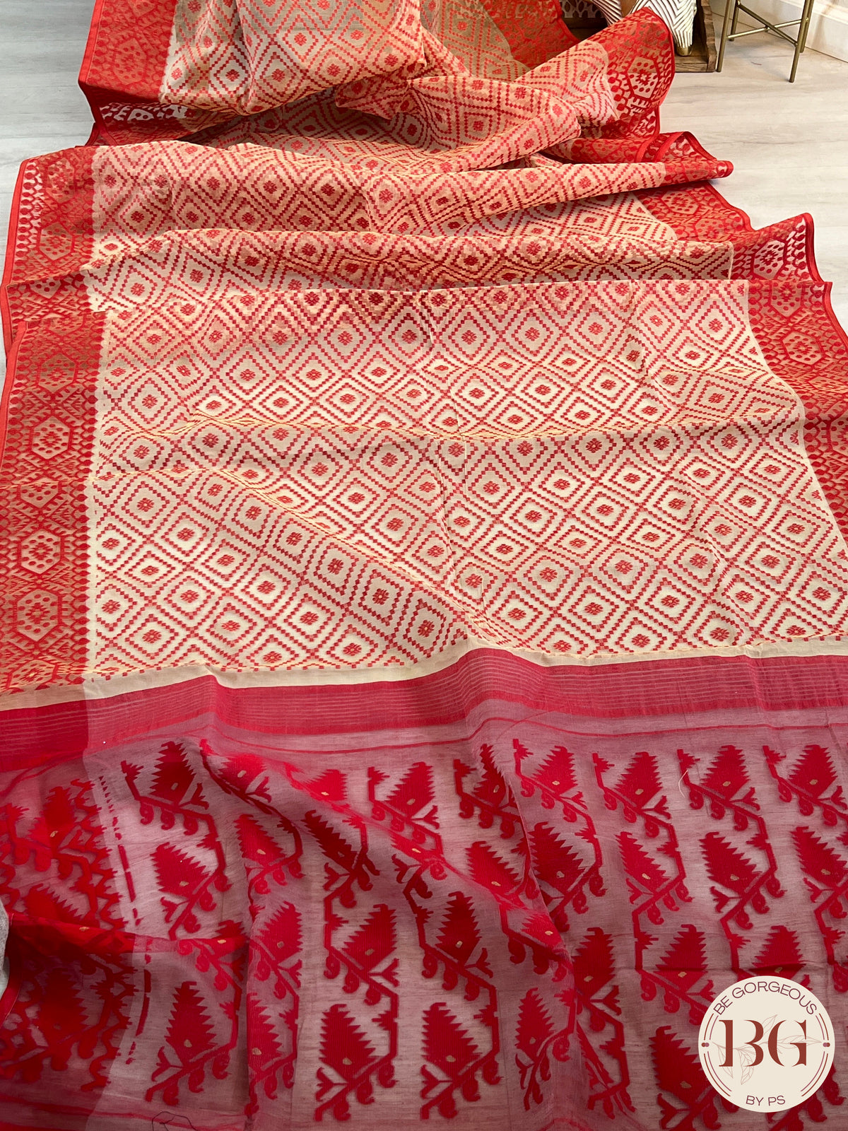 Cotton Jamdani saree color - beige red