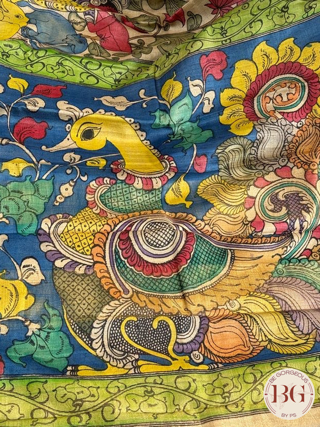 Pen Kalamkari on tussar silk elephant - Cream Gold