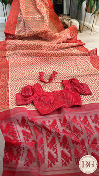 Cotton Jamdani saree color - beige red