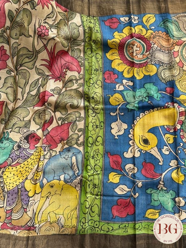 Pen Kalamkari on tussar silk elephant - Cream Gold