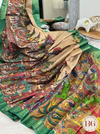 Pen Kalamkari on tussar silk - Cream Green