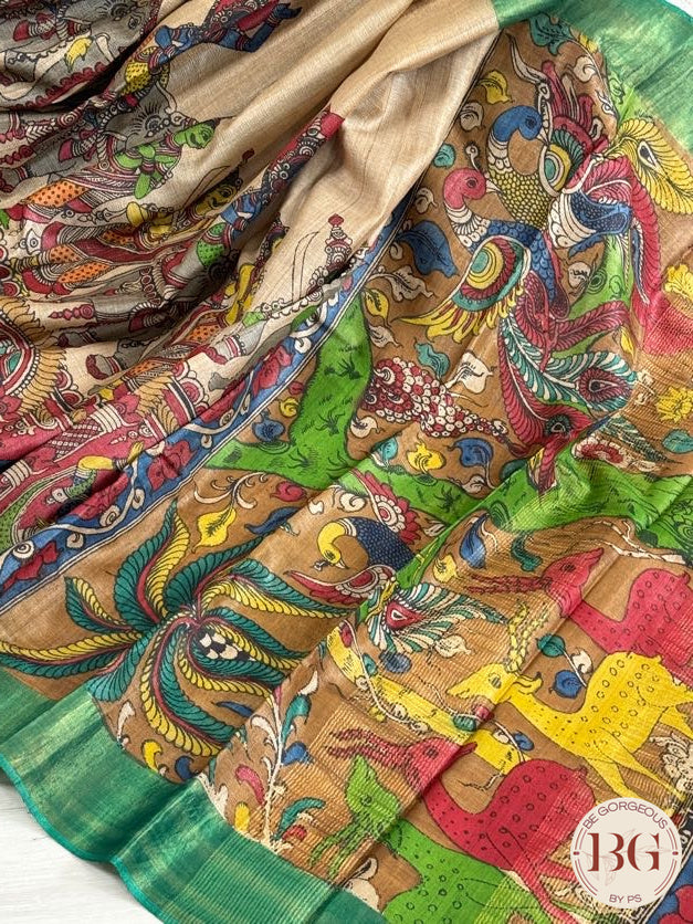 Pen Kalamkari on tussar silk - Cream Green