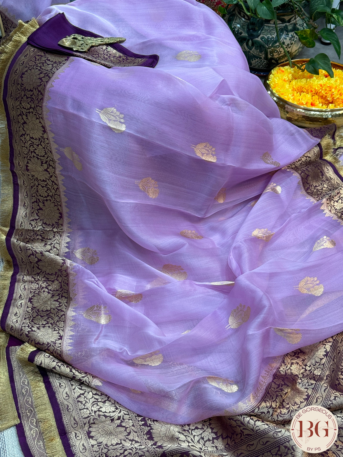 Banarasi Kora Organza silk mark certified saree with lace - Lavendar