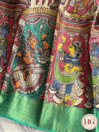 Pen Kalamkari on tussar silk - Cream Green