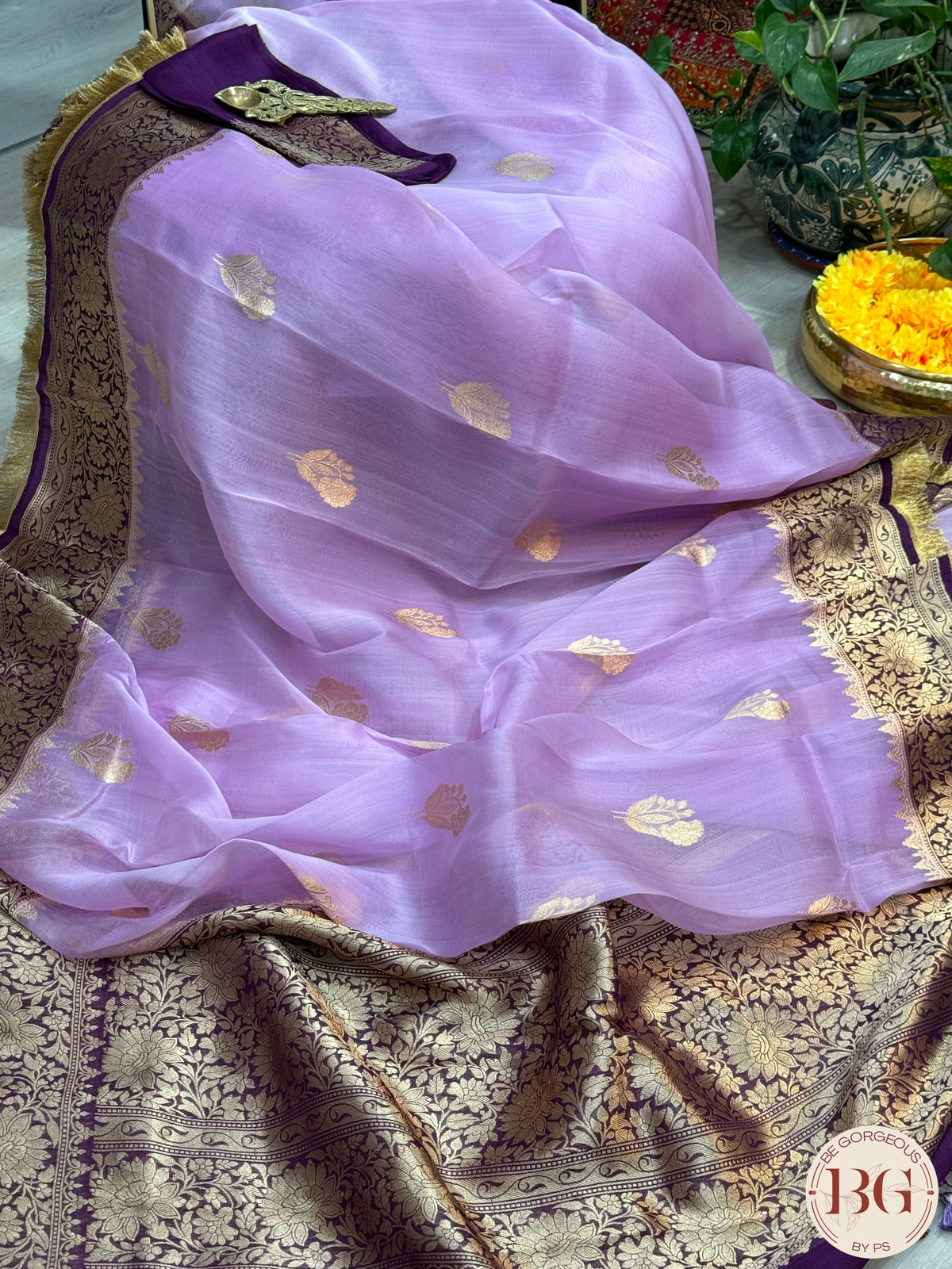 Banarasi Kora Organza silk mark certified saree with lace - Lavendar