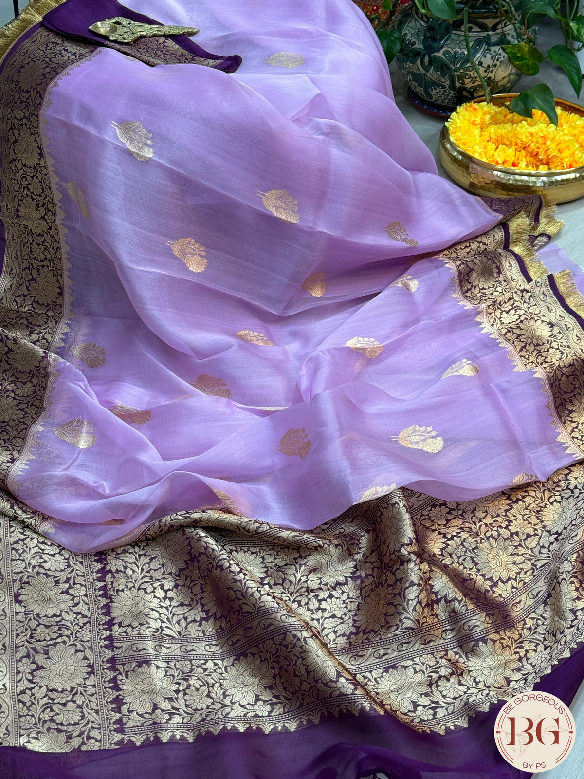 Banarasi Kora Organza silk mark certified saree with lace - Lavendar