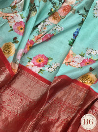 Kanjeevaram Silk Saree with digital floral prints saree color - green